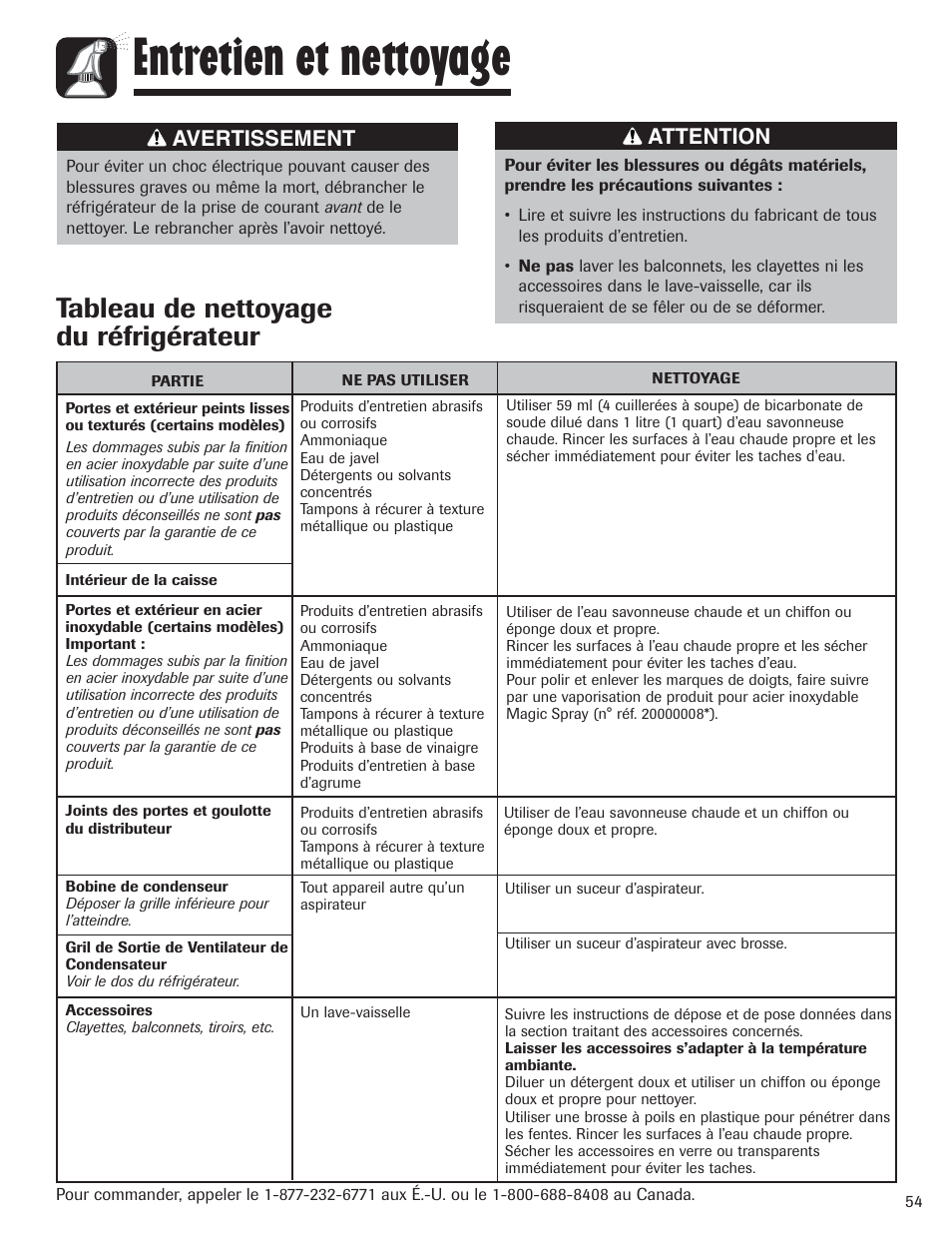Entretien et nettoyage, Tableau de nettoyage du réfrigérateur, Attention | Avertissement | Amana AFI2538AEW User Manual | Page 55 / 96
