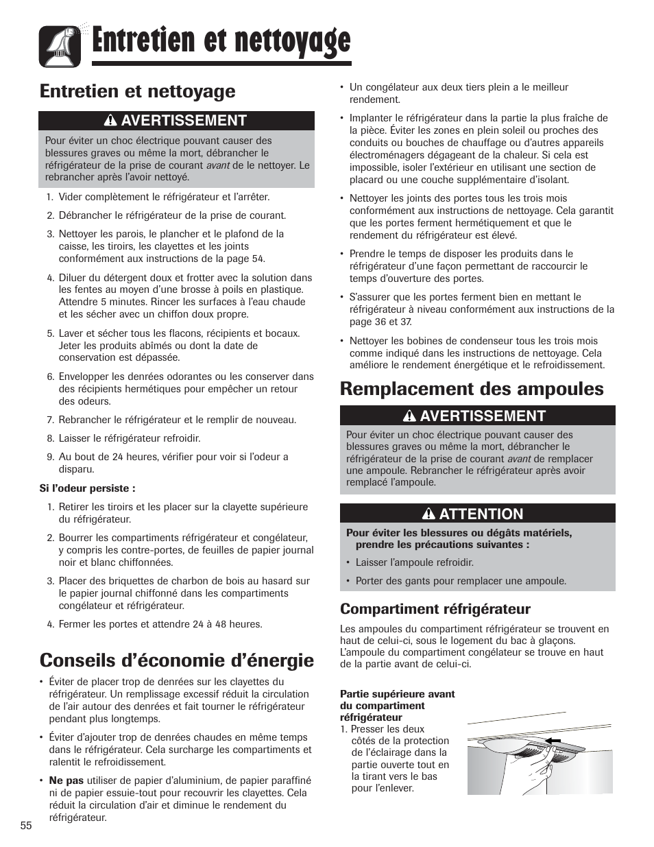 Entretien et nettoyage, Conseils d’économie d’énergie, Remplacement des ampoules | Avertissement, Attention, Compartiment réfrigérateur | Amana AFI2538AEW User Manual | Page 56 / 96