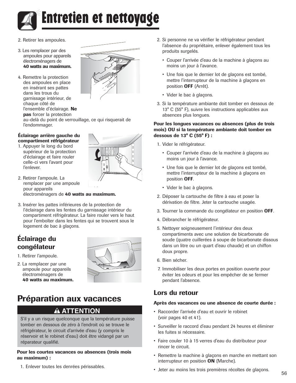Entretien et nettoyage, Préparation aux vacances, Éclairage du congélateur | Attention, Lors du retour | Amana AFI2538AEW User Manual | Page 57 / 96