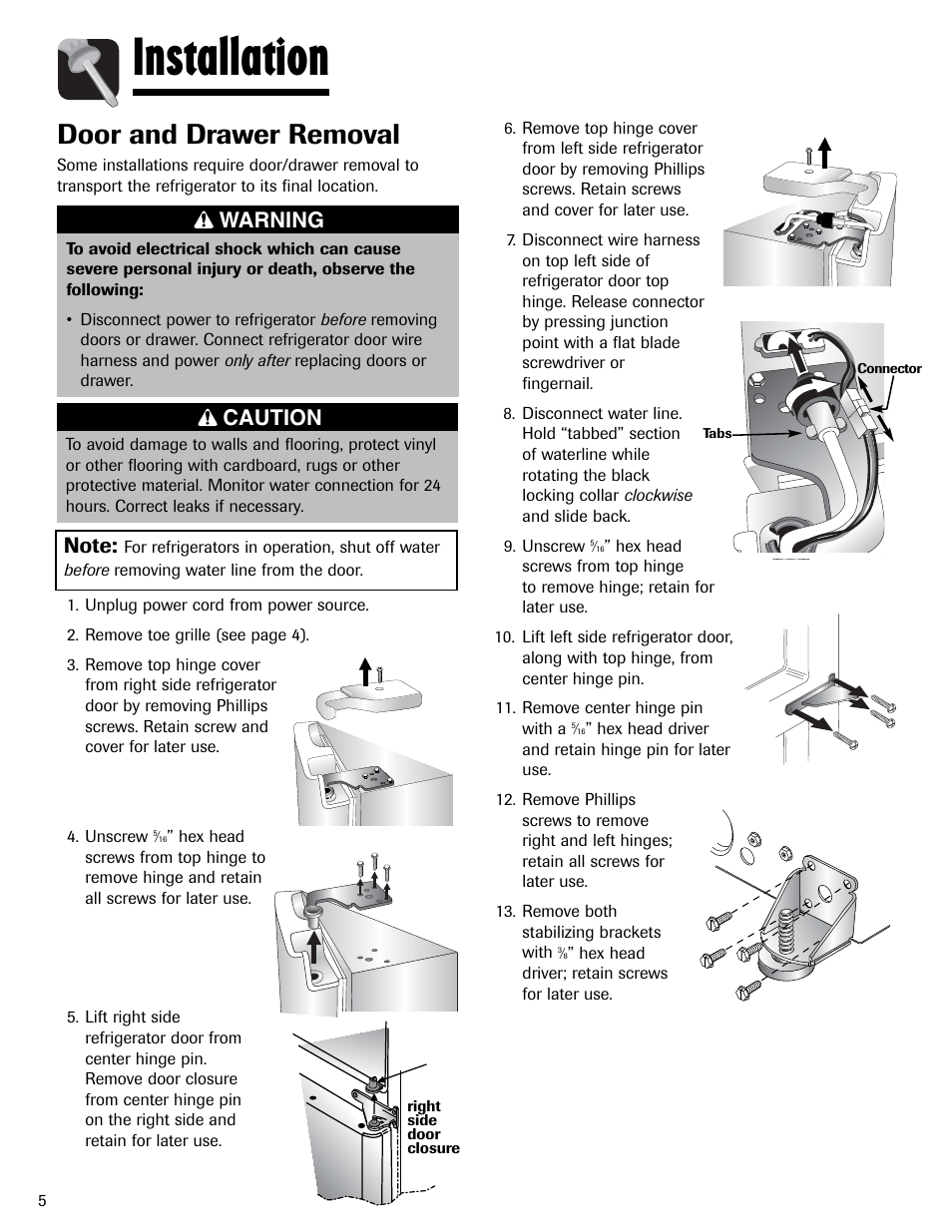 Installation, Door and drawer removal, Warning | Caution | Amana AFI2538AEW User Manual | Page 6 / 96
