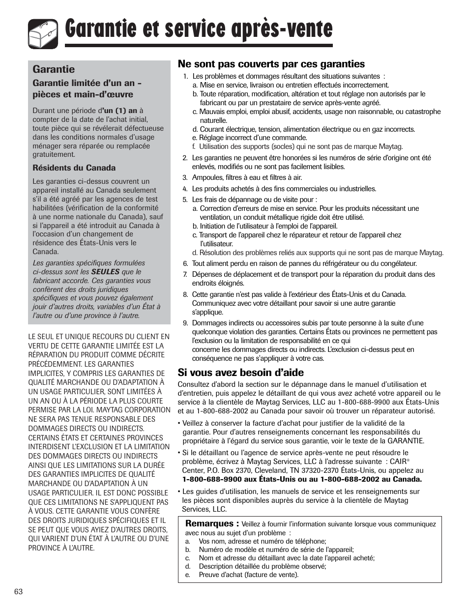 Garantie et service après-vente, Garantie, Ne sont pas couverts par ces garanties | Si vous avez besoin d’aide | Amana AFI2538AEW User Manual | Page 64 / 96