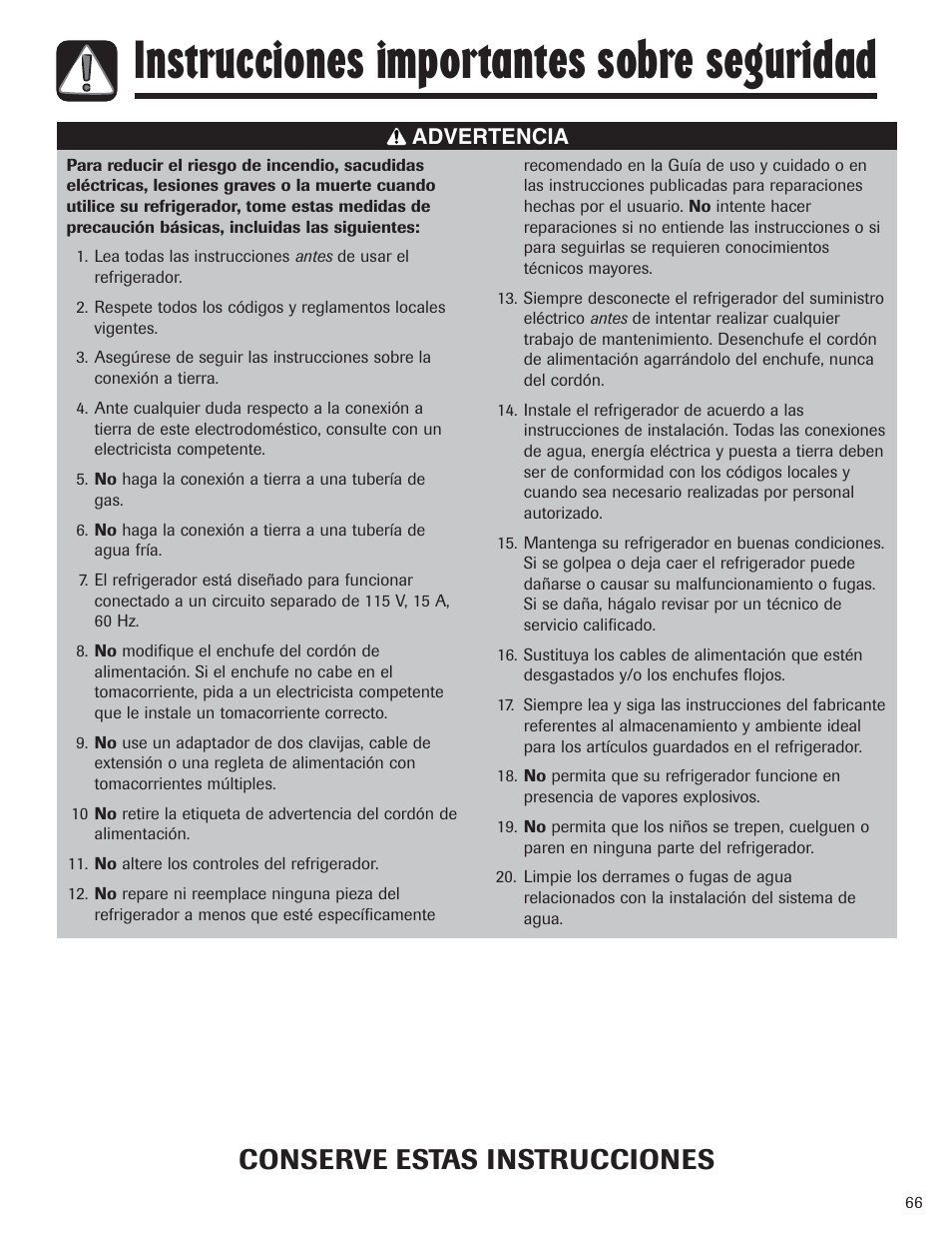 Instrucciones importantes sobre seguridad, Conserve estas instrucciones | Amana AFI2538AEW User Manual | Page 67 / 96
