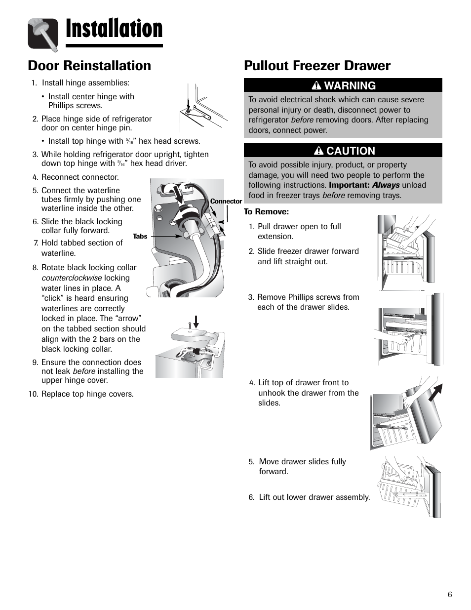 Installation, Pullout freezer drawer, Door reinstallation | Warning, Caution | Amana AFI2538AEW User Manual | Page 7 / 96