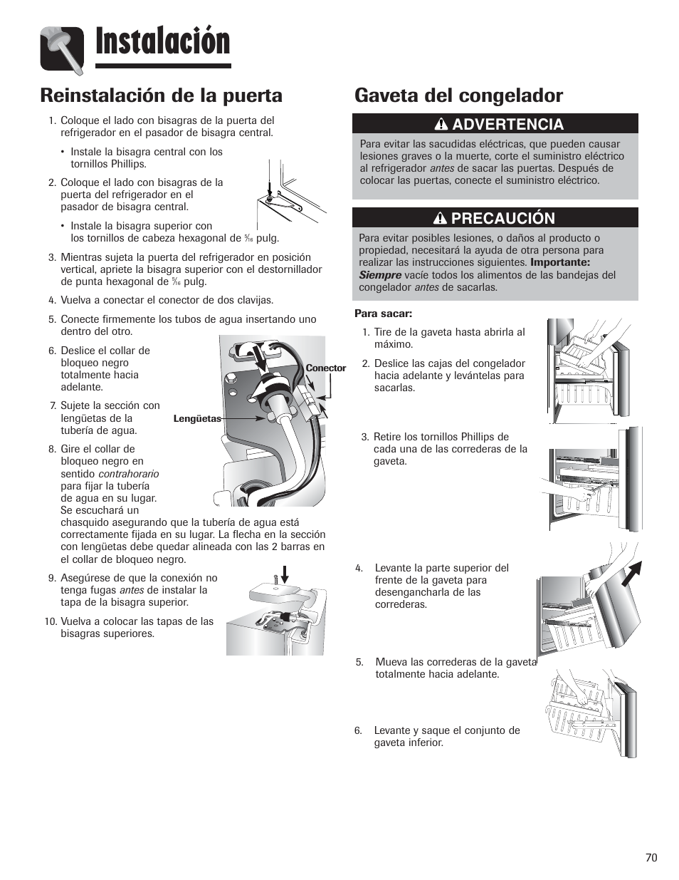 Instalación, Gaveta del congelador, Reinstalación de la puerta | Advertencia, Precaución | Amana AFI2538AEW User Manual | Page 71 / 96