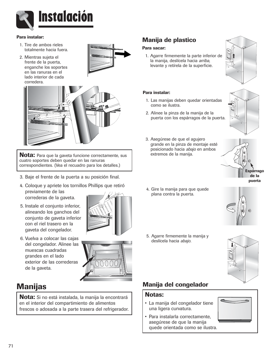 Instalación, Manijas, Notas | Manija del congelador, Manija de plastico, Nota | Amana AFI2538AEW User Manual | Page 72 / 96