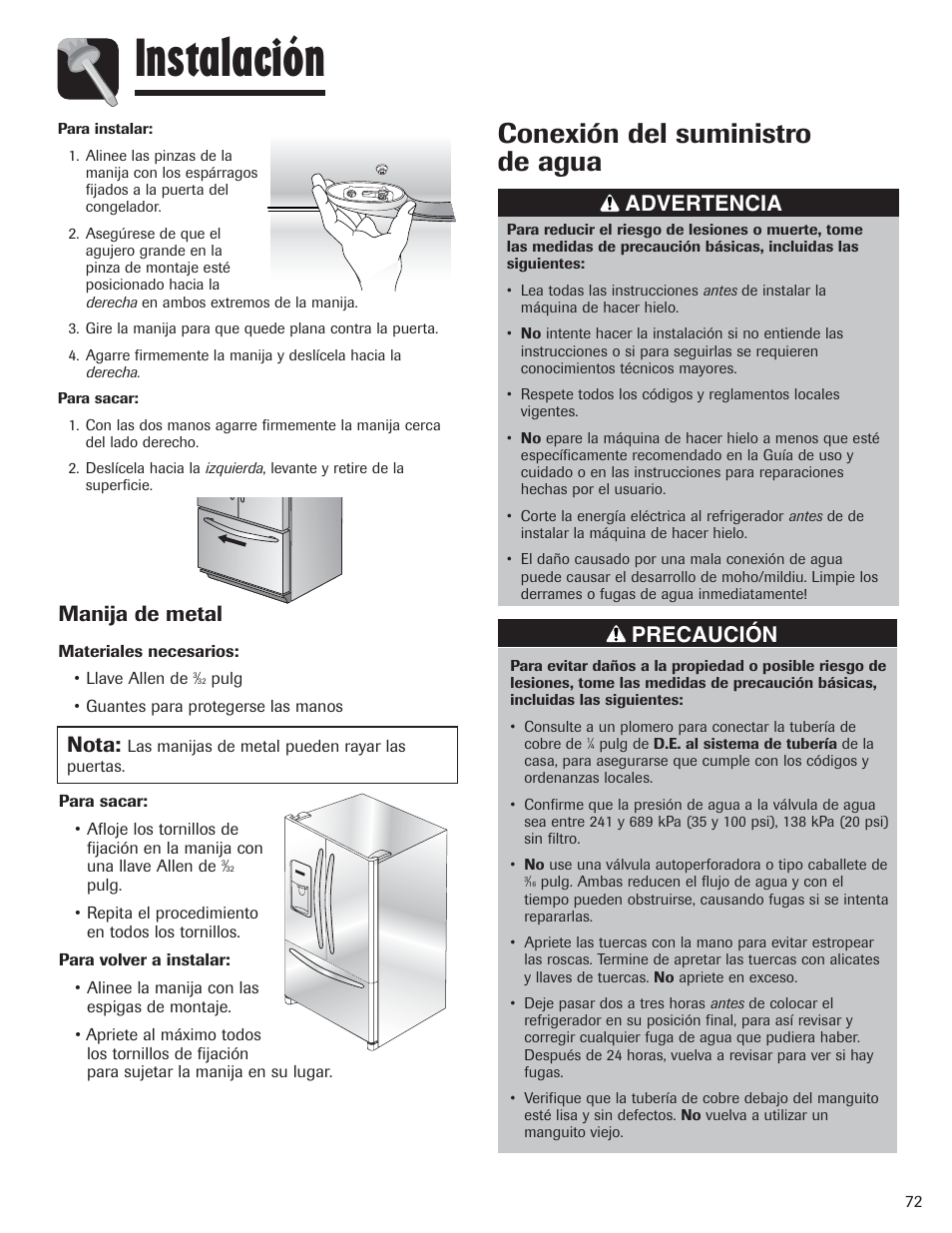 Instalación, Conexión del suministro de agua, Advertencia | Precaución, Manija de metal, Nota | Amana AFI2538AEW User Manual | Page 73 / 96