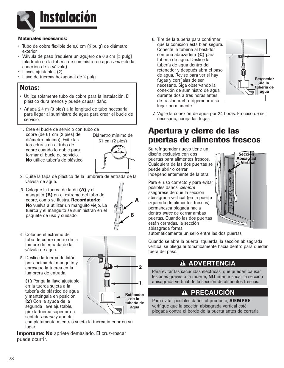 Instalación, Notas, Advertencia | Precaución | Amana AFI2538AEW User Manual | Page 74 / 96