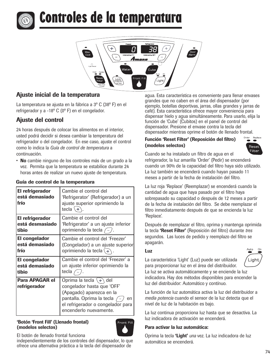 Controles de la temperatura | Amana AFI2538AEW User Manual | Page 75 / 96