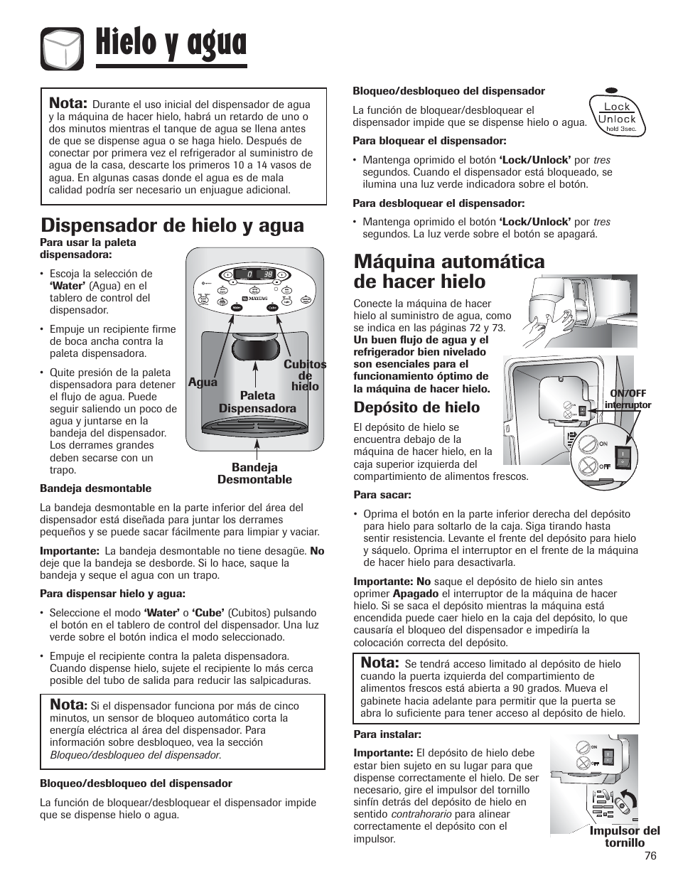 Hielo y agua, Dispensador de hielo y agua, Máquina automática de hacer hielo | Nota, Depósito de hielo | Amana AFI2538AEW User Manual | Page 77 / 96