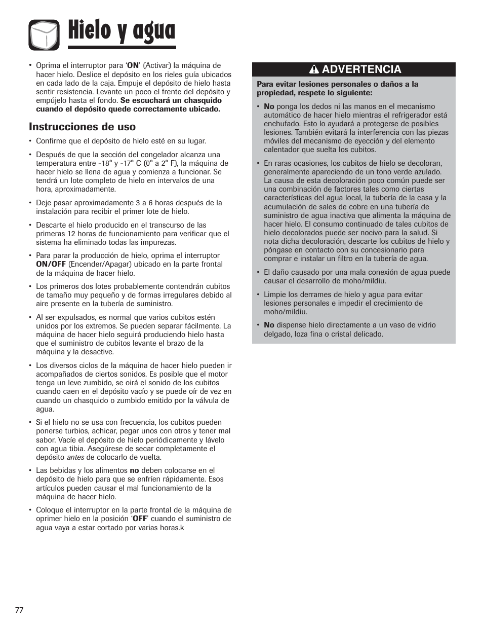 Hielo y agua, Advertencia, Instrucciones de uso | Amana AFI2538AEW User Manual | Page 78 / 96