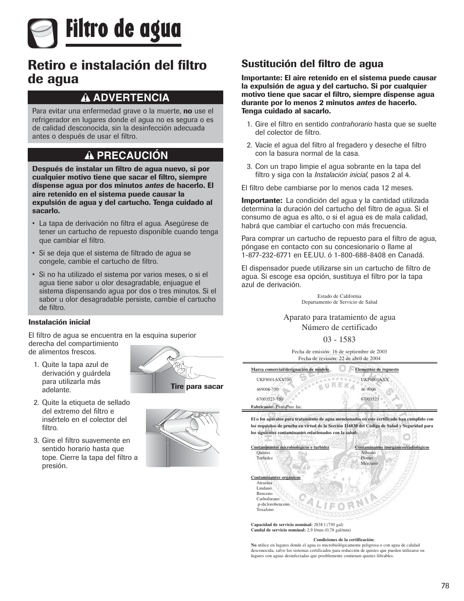Filtro de agua, Retiro e instalación del filtro de agua, Advertencia | Precaución, Sustitución del filtro de agua | Amana AFI2538AEW User Manual | Page 79 / 96