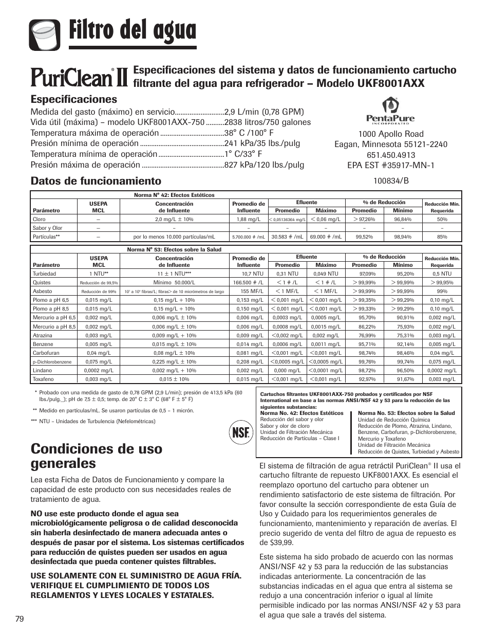 Filtro del agua, Condiciones de uso generales, Datos de funcionamiento | Amana AFI2538AEW User Manual | Page 80 / 96
