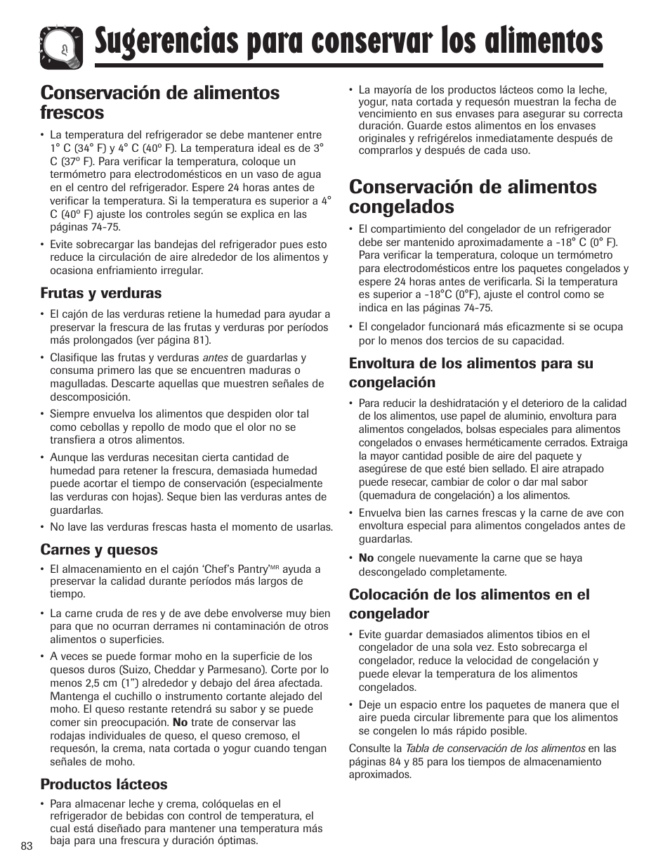 Sugerencias para conservar los alimentos, Conservación de alimentos frescos, Conservación de alimentos congelados | Amana AFI2538AEW User Manual | Page 84 / 96