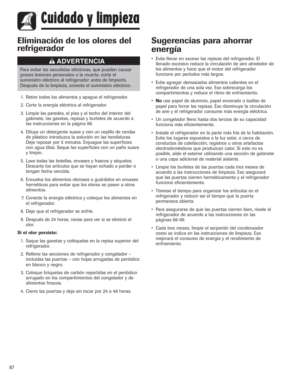 Cuidado y limpieza, Eliminación de los olores del refrigerador, Sugerencias para ahorrar energía | Advertencia | Amana AFI2538AEW User Manual | Page 88 / 96