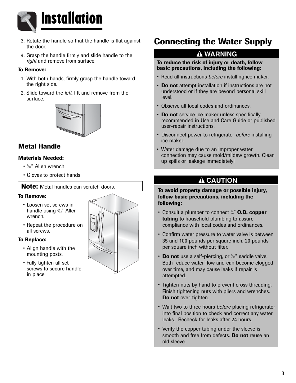 Installation, Connecting the water supply, Warning | Caution, Metal handle | Amana AFI2538AEW User Manual | Page 9 / 96