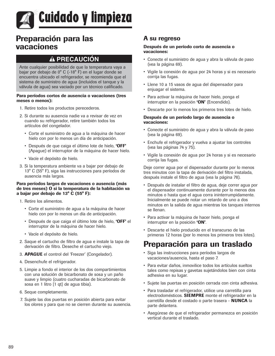 Cuidado y limpieza, Preparación para las vacaciones, Preparación para un traslado | Precaución, A su regreso | Amana AFI2538AEW User Manual | Page 90 / 96