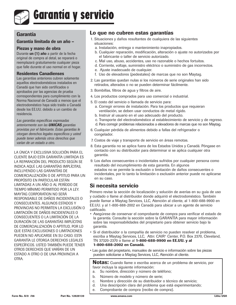 Garantía y servicio, Lo que no cubren estas garantías, Si necesita servicio | Garantía, Notas | Amana AFI2538AEW User Manual | Page 96 / 96
