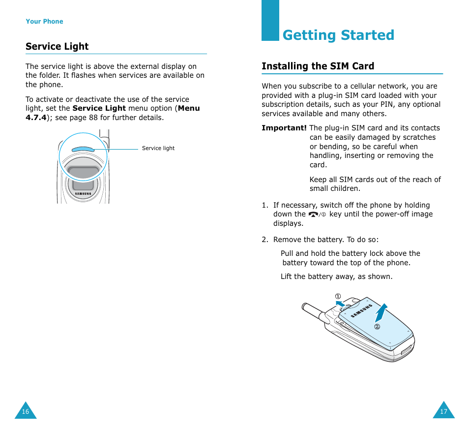 Getting started, Service light, Installing the sim card | Samsung SGH-S307SSACIN User Manual | Page 10 / 89