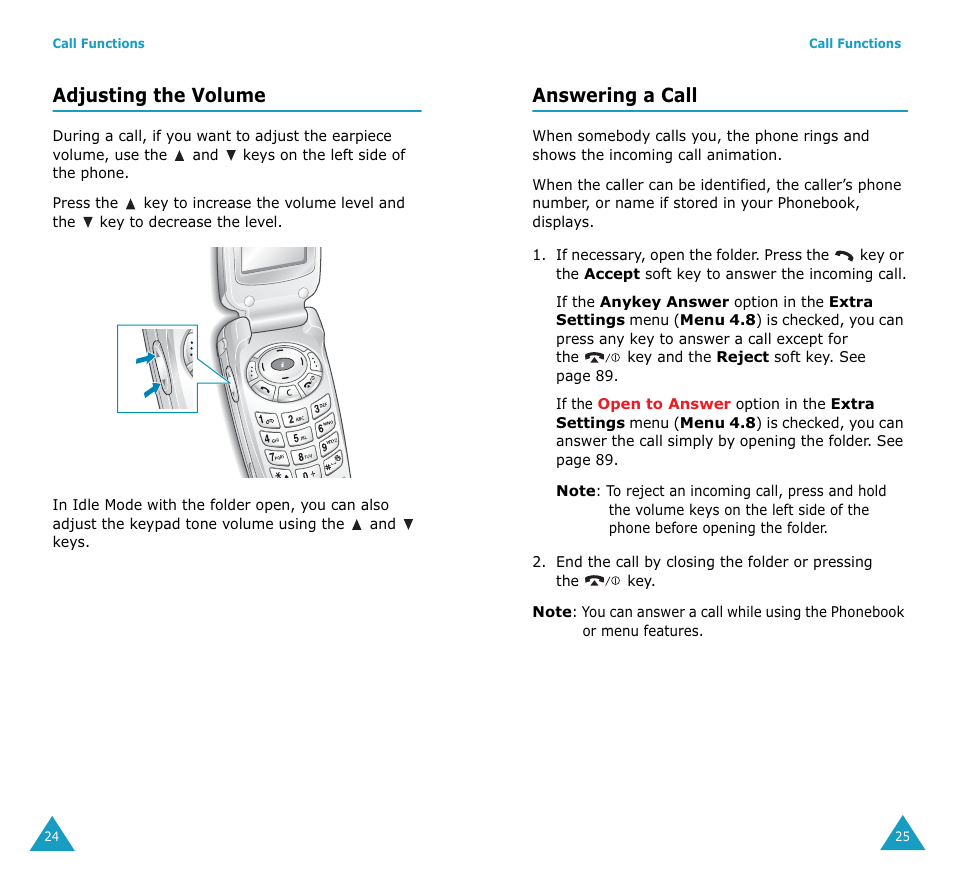 Adjusting the volume, Answering a call | Samsung SGH-S307SSACIN User Manual | Page 14 / 89