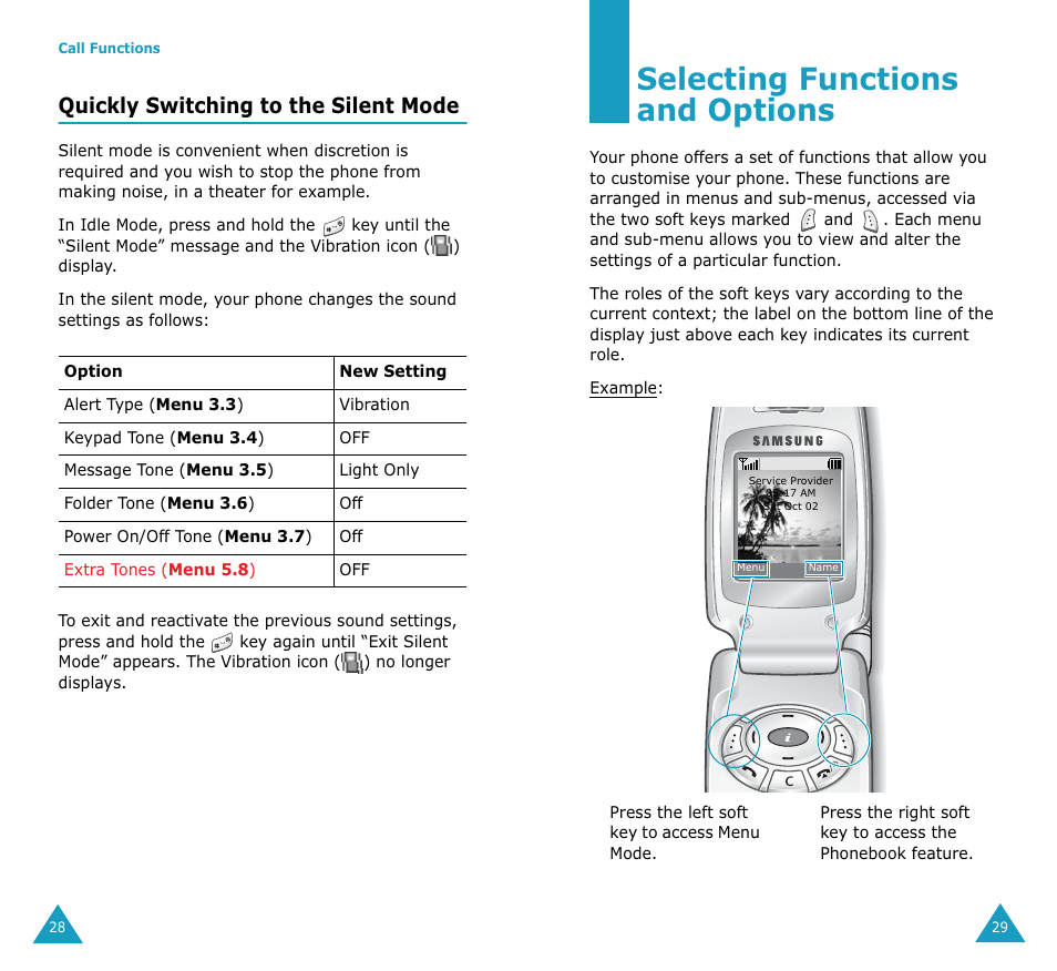 Selecting functions and options, Quickly switching to the silent mode | Samsung SGH-S307SSACIN User Manual | Page 16 / 89