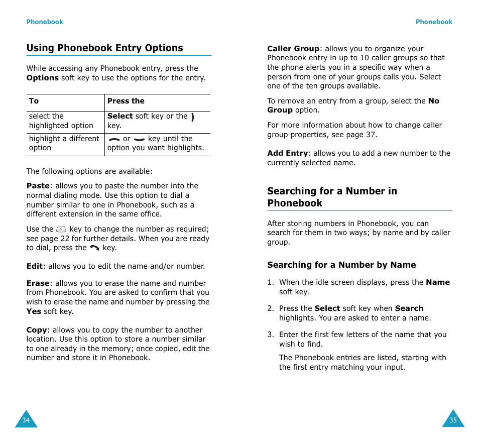 Using phonebook entry options, Searching for a number in phonebook | Samsung SGH-S307SSACIN User Manual | Page 19 / 89