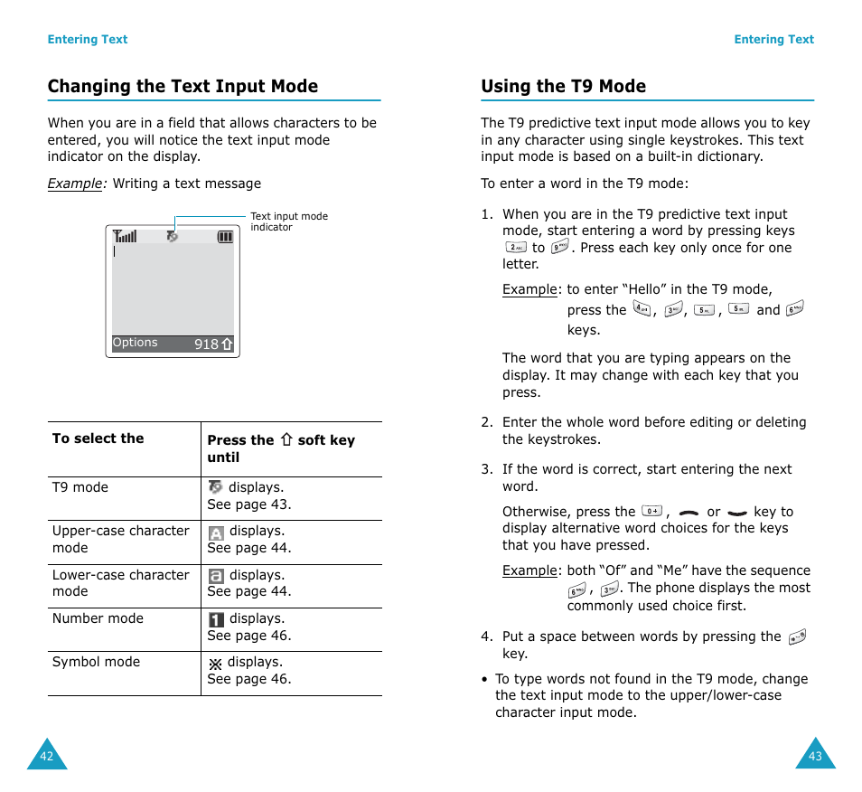 Changing the text input mode, Using the t9 mode | Samsung SGH-S307SSACIN User Manual | Page 23 / 89