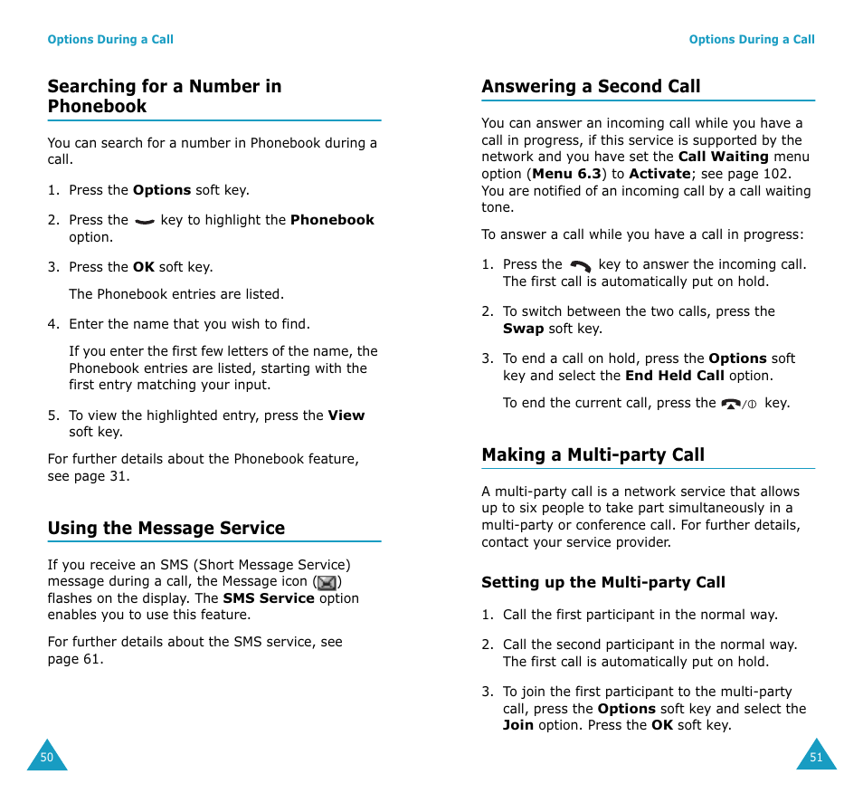 Searching for a number in phonebook, Using the message service, Answering a second call | Making a multi-party call | Samsung SGH-S307SSACIN User Manual | Page 28 / 89