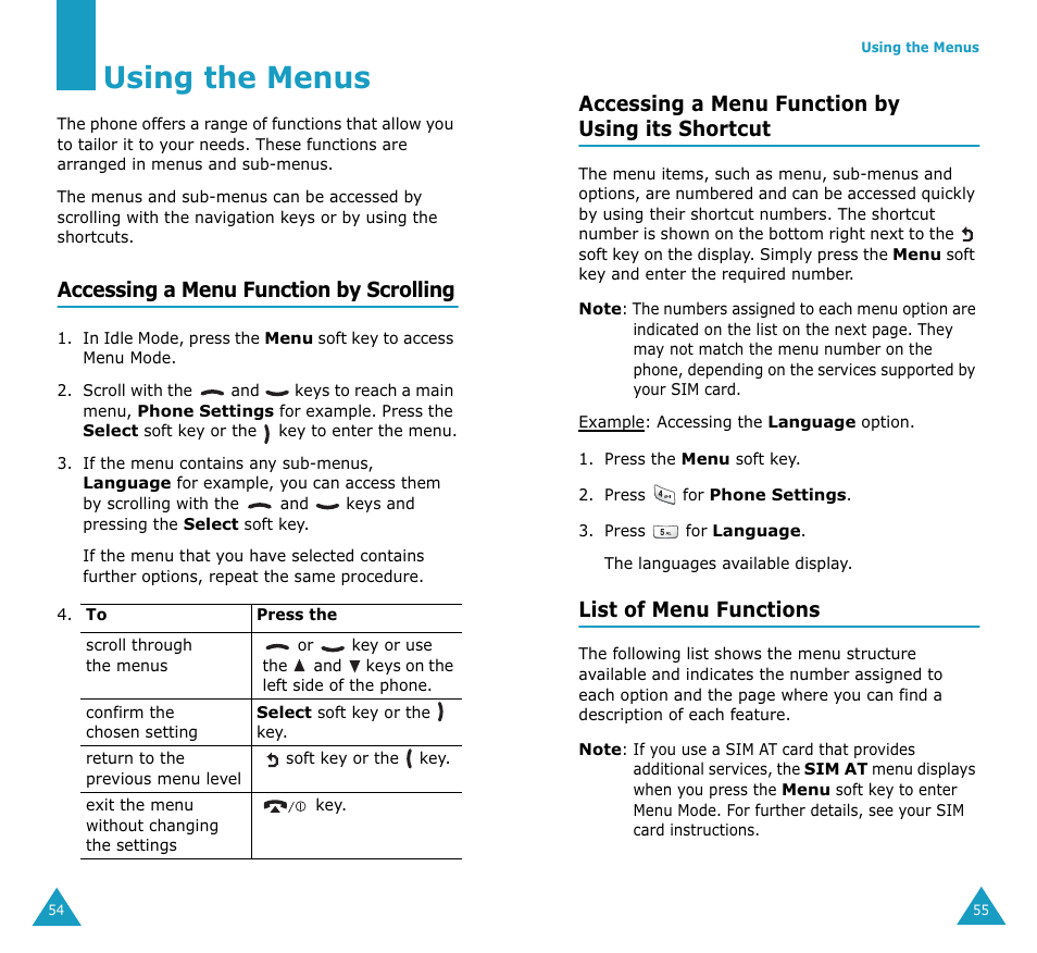 Using the menus, Accessing a menu function by scrolling, Accessing a menu function by using its shortcut | List of menu functions | Samsung SGH-S307SSACIN User Manual | Page 30 / 89