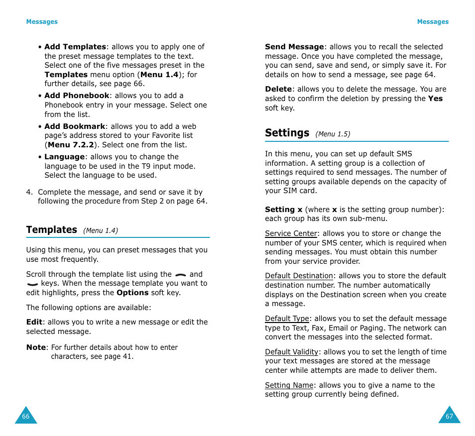 Settings, Templates | Samsung SGH-S307SSACIN User Manual | Page 36 / 89