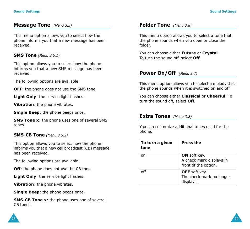 Message tone, Folder tone, Power on/off | Extra tones | Samsung SGH-S307SSACIN User Manual | Page 42 / 89