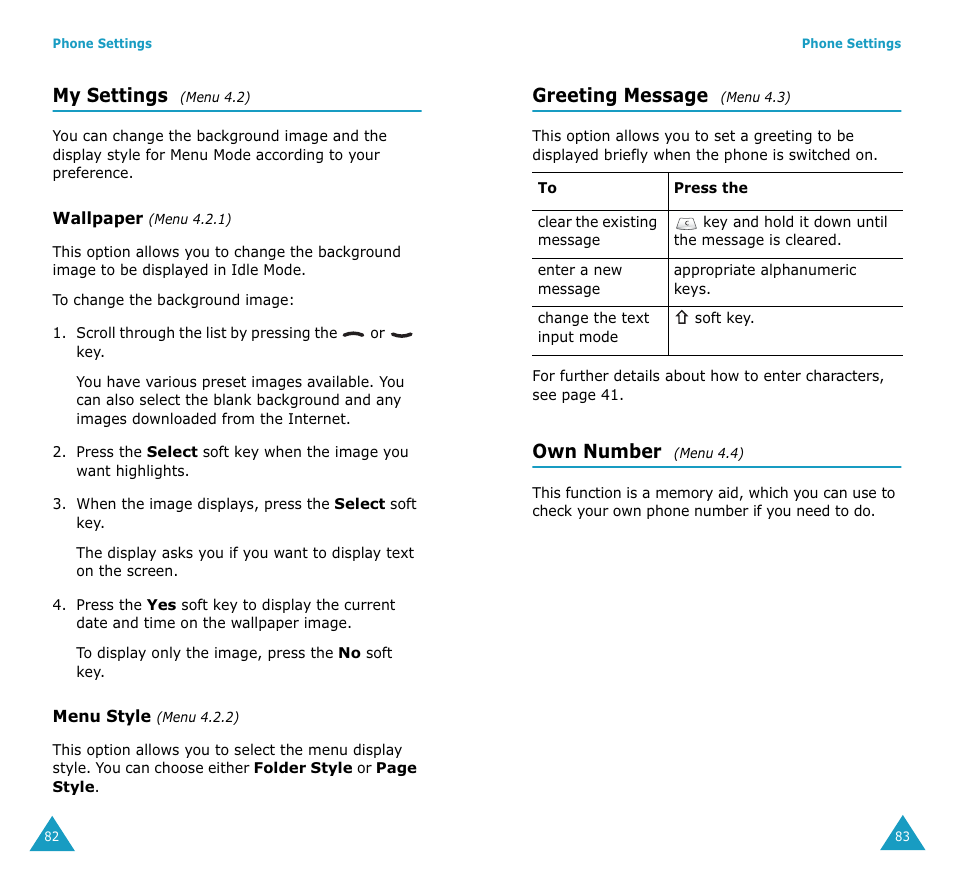 My settings, Greeting message, Own number | Samsung SGH-S307SSACIN User Manual | Page 44 / 89