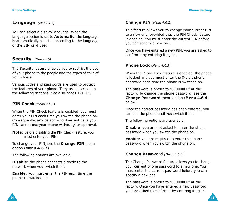 Language, Security | Samsung SGH-S307SSACIN User Manual | Page 45 / 89