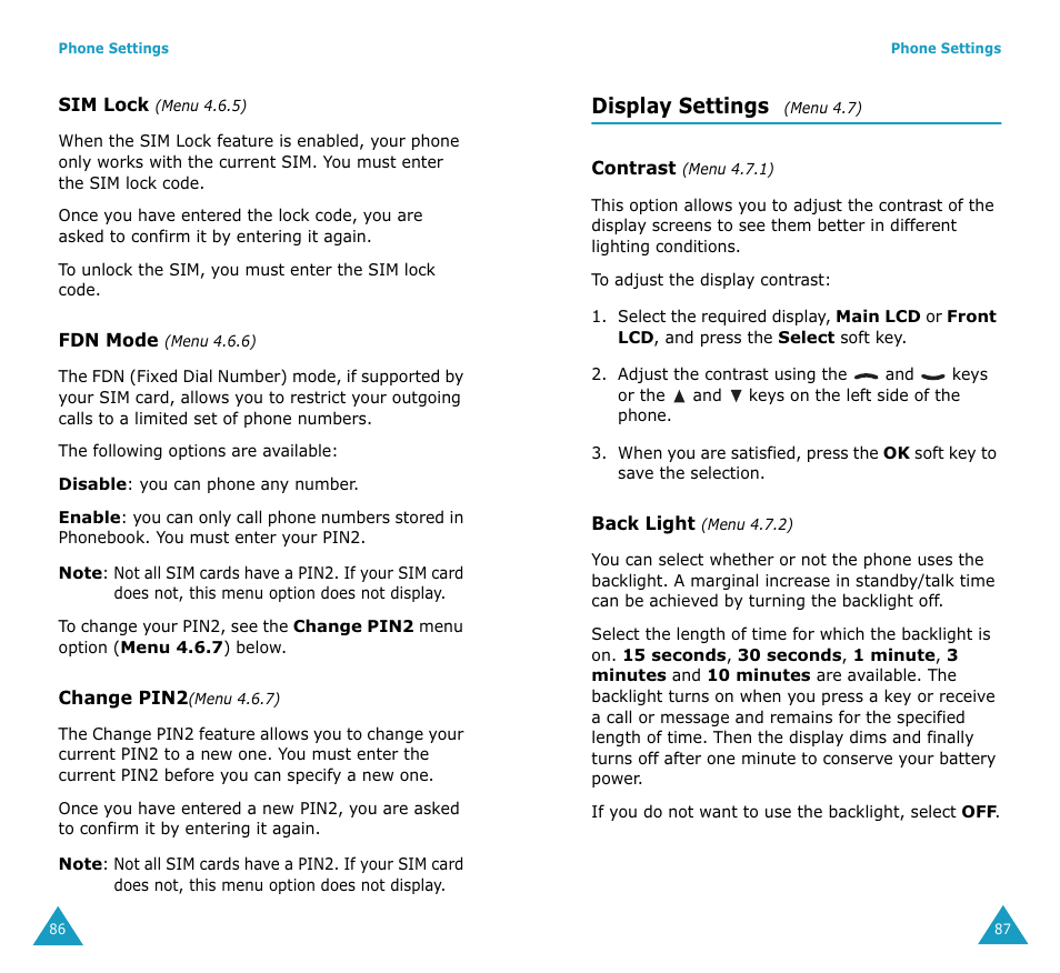 Display settings | Samsung SGH-S307SSACIN User Manual | Page 46 / 89