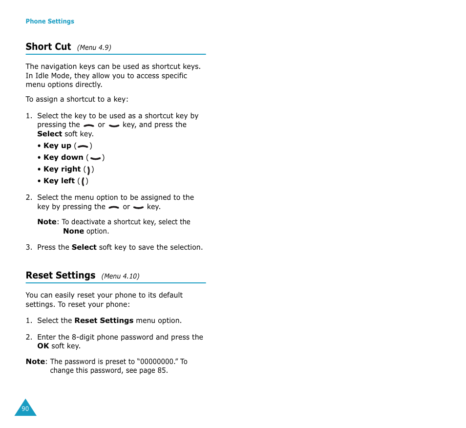 Short cut, Reset settings | Samsung SGH-S307SSACIN User Manual | Page 48 / 89