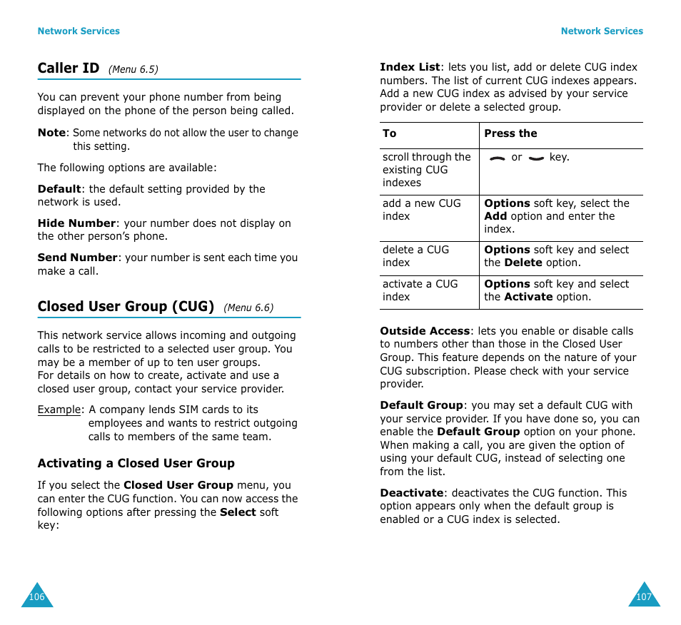 Caller id, Closed user group (cug) | Samsung SGH-S307SSACIN User Manual | Page 57 / 89