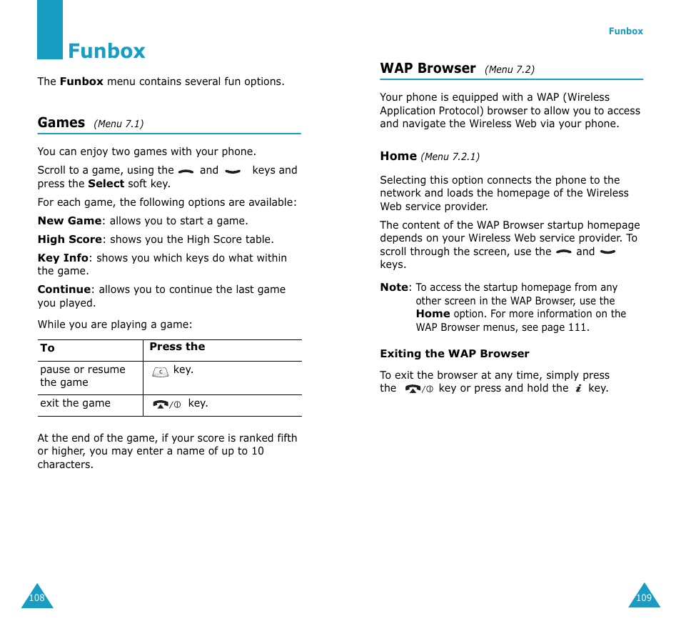 Funbox, Games, Wap browser | Samsung SGH-S307SSACIN User Manual | Page 58 / 89