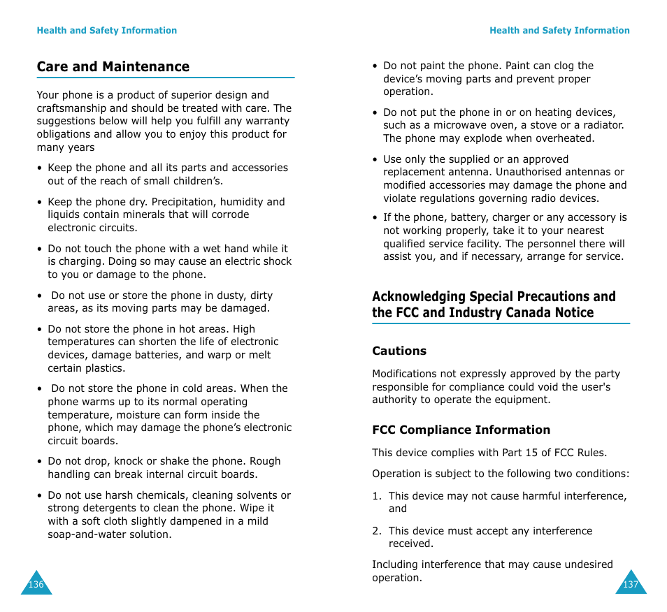 Care and maintenance | Samsung SGH-S307SSACIN User Manual | Page 72 / 89