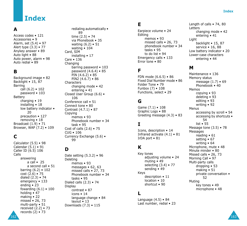 Index | Samsung SGH-S307SSACIN User Manual | Page 85 / 89