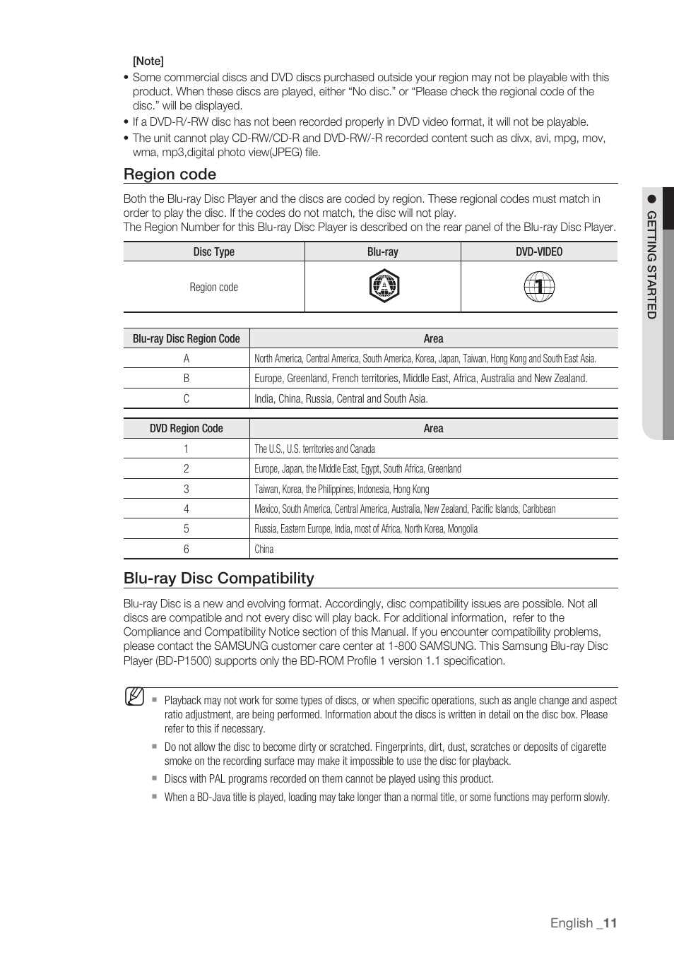 Region code, Blu-ray disc compatibility | Samsung BD-P1500-XAA User Manual | Page 11 / 68