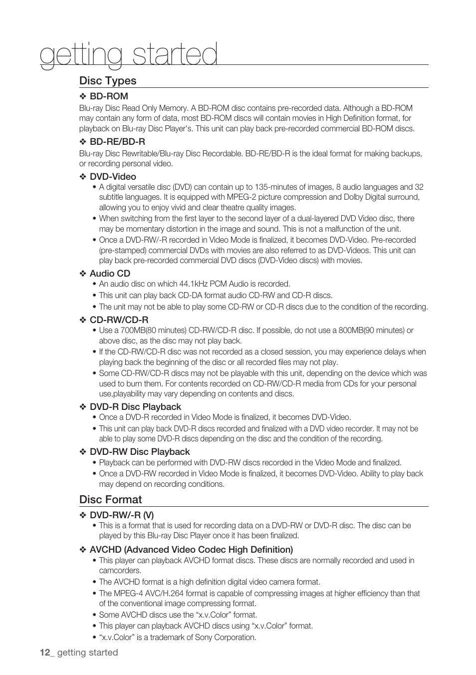 Getting started, Disc types, Disc format | Samsung BD-P1500-XAA User Manual | Page 12 / 68