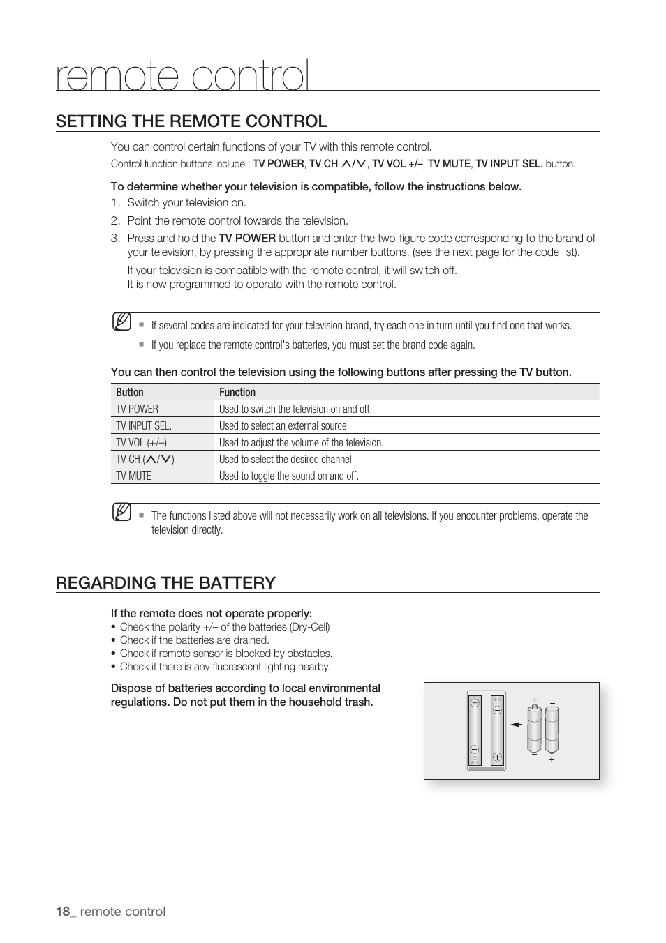 Setting the remote control, Regarding the battery, Remote control | Samsung BD-P1500-XAA User Manual | Page 18 / 68