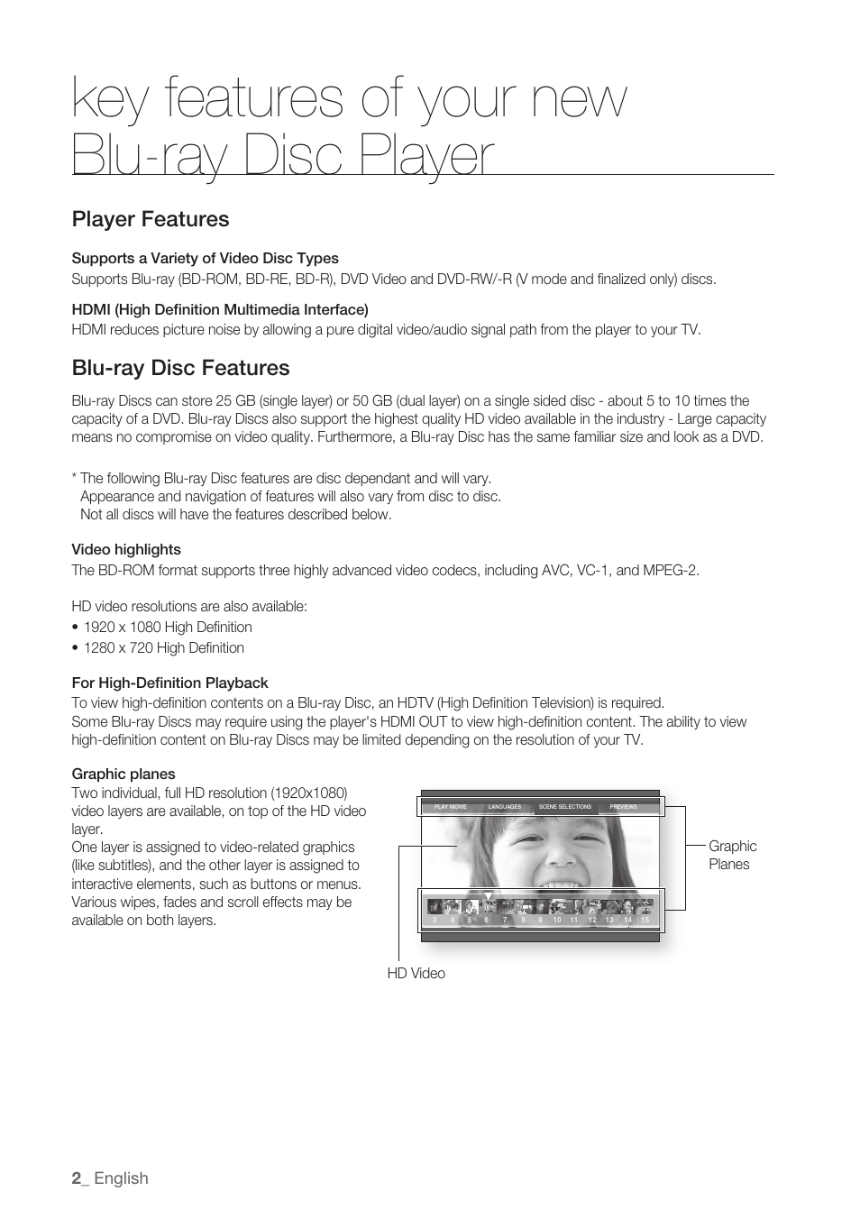 Key features of your new blu-ray disc player, Player features, Blu-ray disc features | Samsung BD-P1500-XAA User Manual | Page 2 / 68