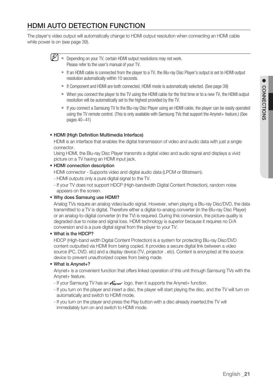 Hdmi auto detection function | Samsung BD-P1500-XAA User Manual | Page 21 / 68