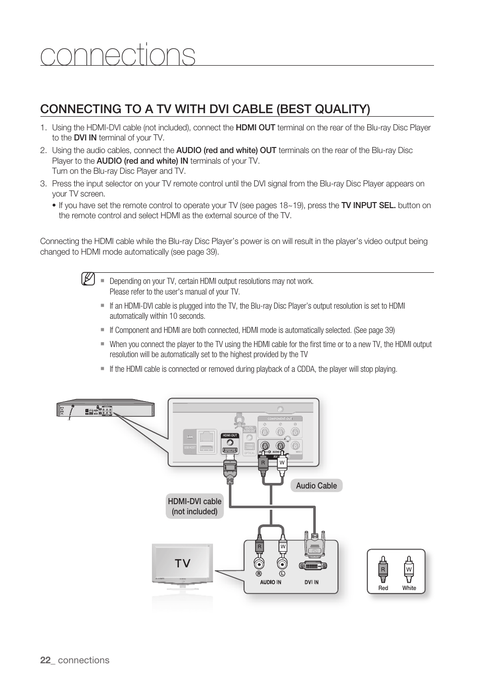 Connecting to a tv with dvi cable (best quality), Connections | Samsung BD-P1500-XAA User Manual | Page 22 / 68