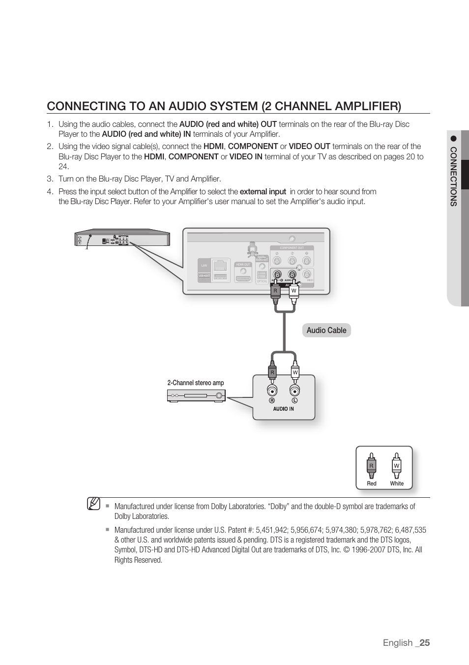 English, Connections, Audio cable | Samsung BD-P1500-XAA User Manual | Page 25 / 68