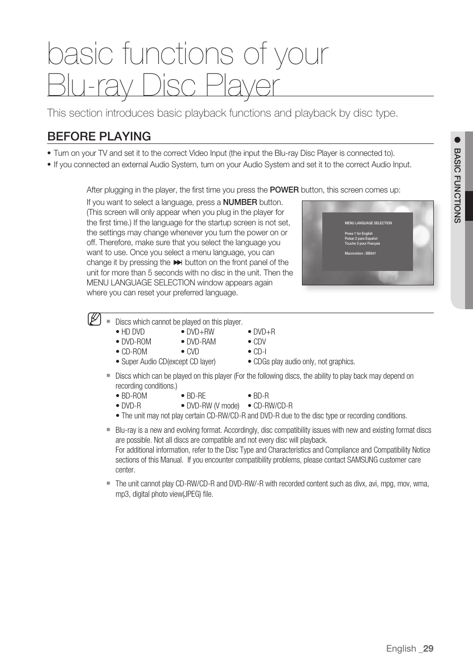 Basic functions of your blu-ray disc player, Before playing | Samsung BD-P1500-XAA User Manual | Page 29 / 68