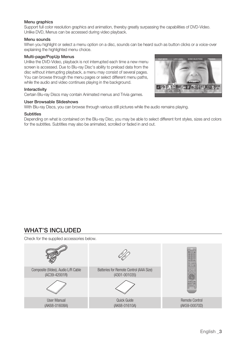 What’s included, English | Samsung BD-P1500-XAA User Manual | Page 3 / 68