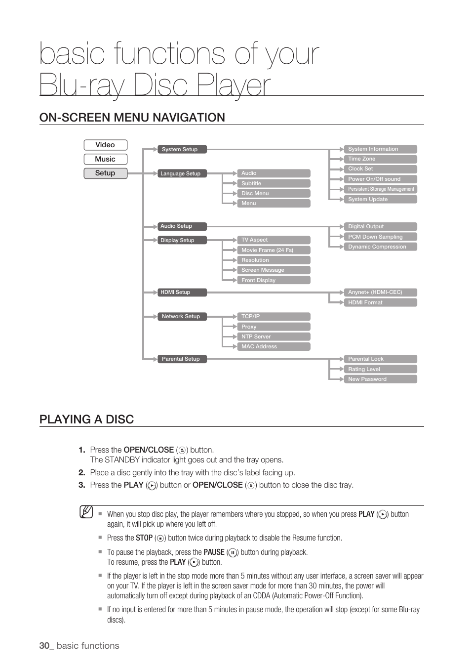 On-screen menu navigation, Playing a disc, Basic functions of your blu-ray disc player | On-screen menu navigation playing a disc | Samsung BD-P1500-XAA User Manual | Page 30 / 68