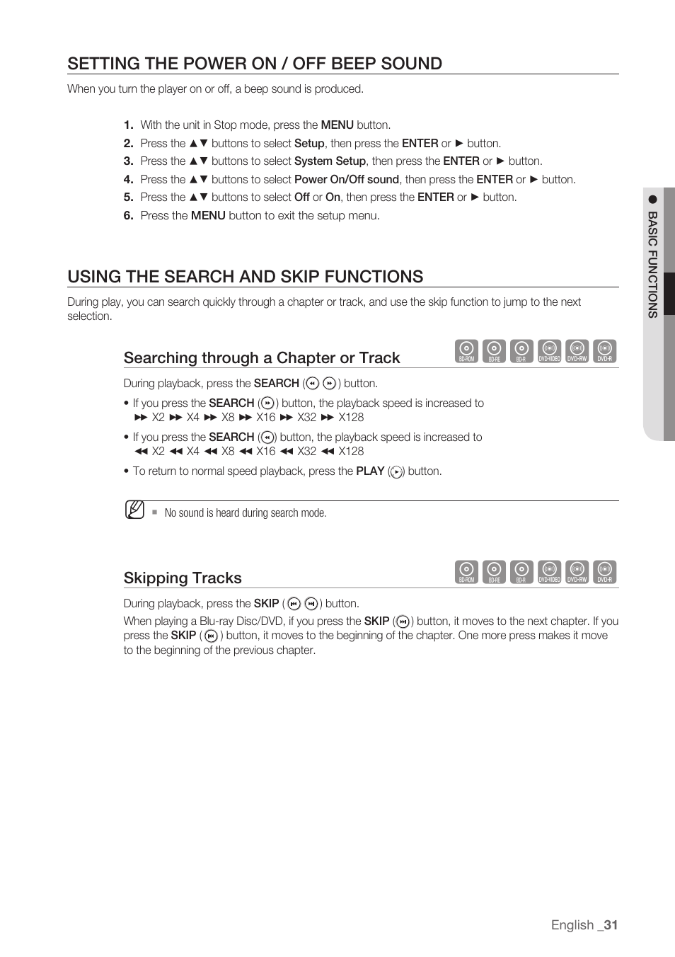 Setting the power on / off beep sound, Using the search and skip functions, Hgfzcv | Searching through a chapter or track, Skipping tracks | Samsung BD-P1500-XAA User Manual | Page 31 / 68