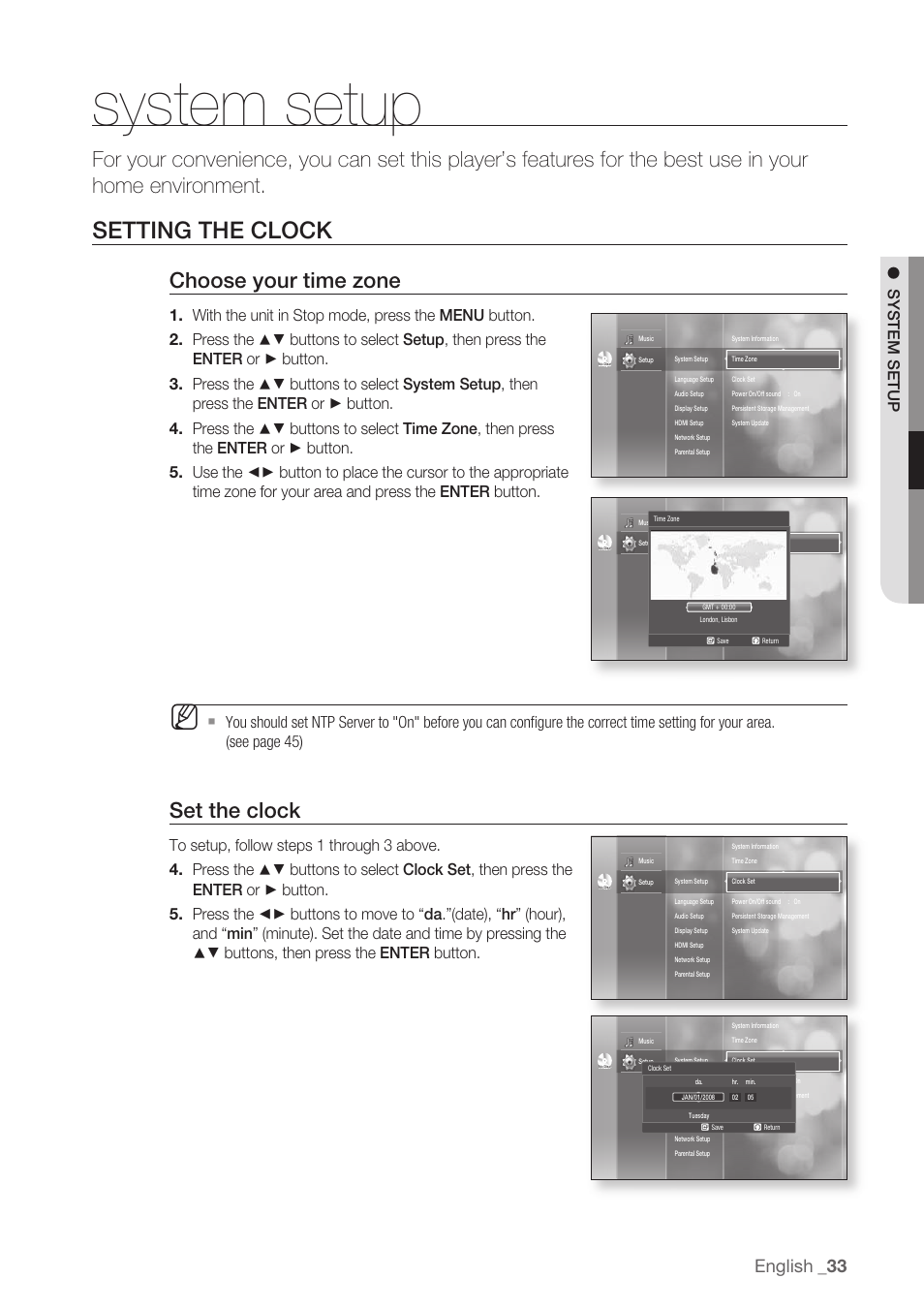 System setup, Setting the clock, Choose your time zone | Set the clock, English | Samsung BD-P1500-XAA User Manual | Page 33 / 68
